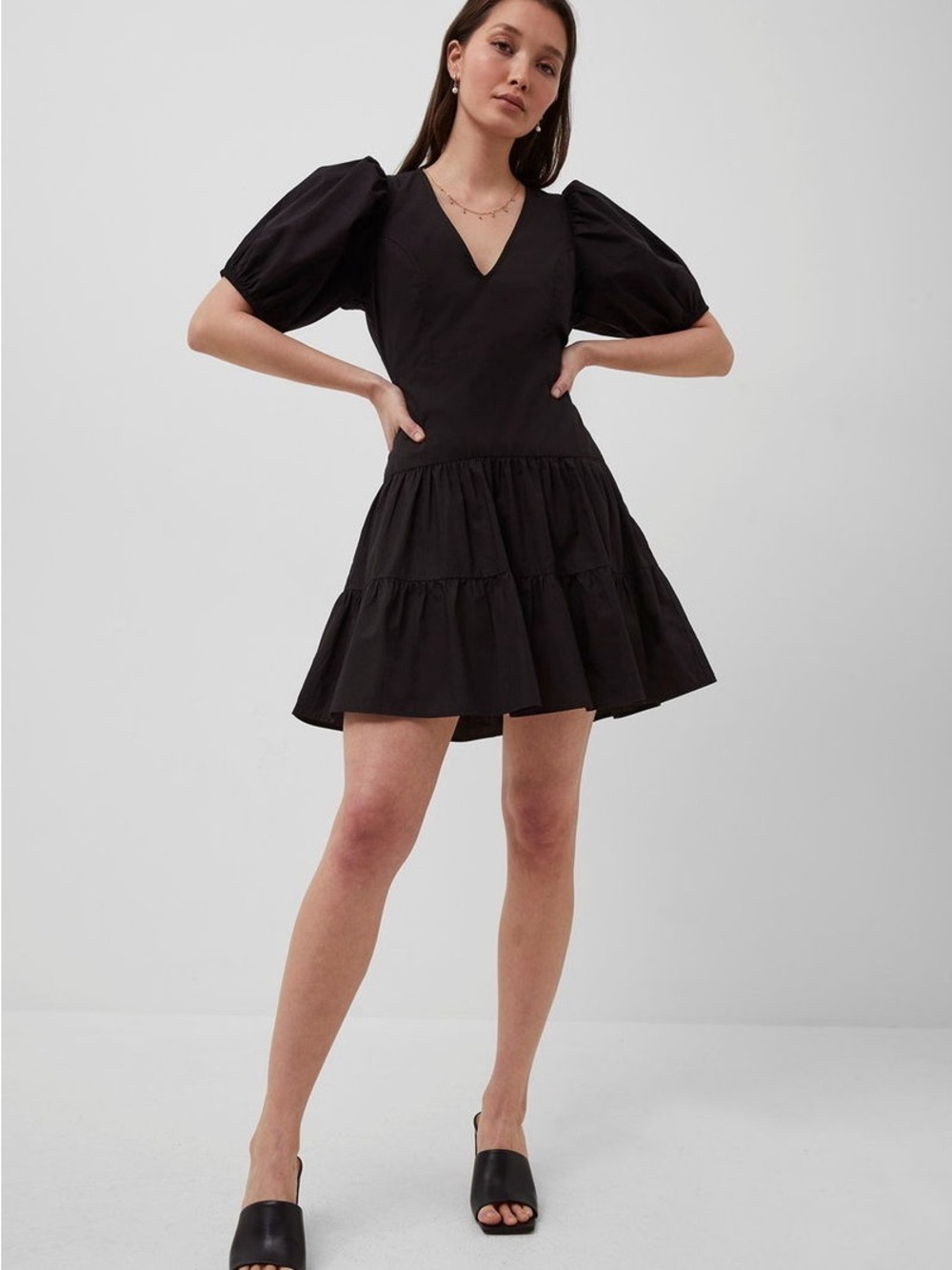 French Connection Black Puff-Sleeve Tiered V-Neck Mini Dress